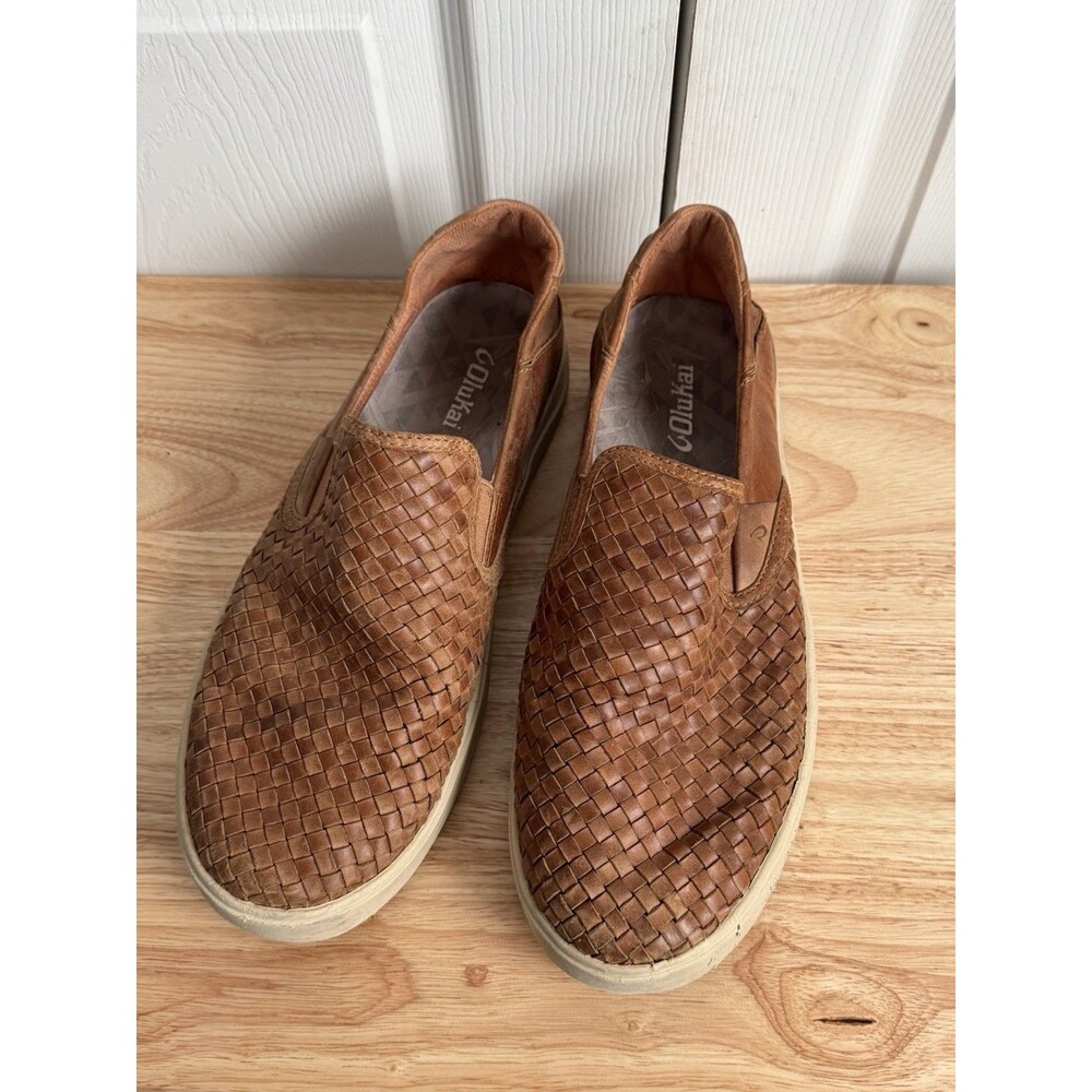 OluKai Lae'ahi Lauhala Men's 11 Tan Leather Woven Slip On Shoes Loafers